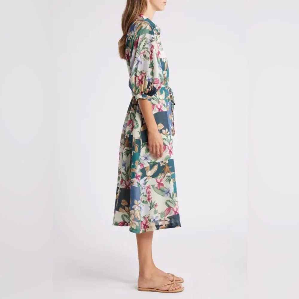 Tommy BAHAMA Hightide Flora Midi Shirt Dress Hawaii Botanical Green 3/4 Sleeve L